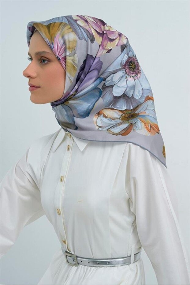 Sura Pure Silk Scarf 9503 - 04 Light Blue Floral Pattern