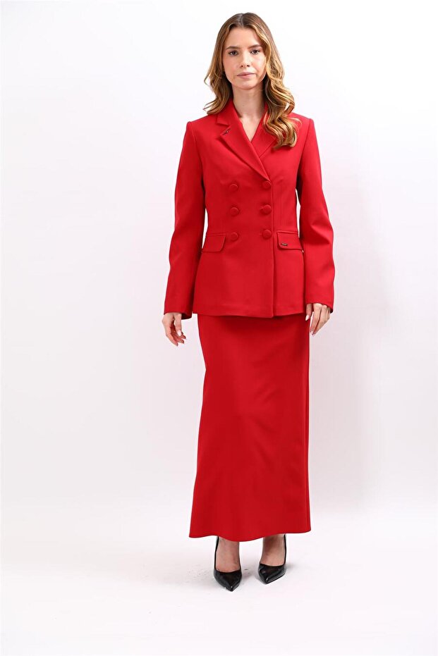 Buttoned Classic Blazer Jacket & Long Pencil Skirt Women's Suit-Red - 1181553