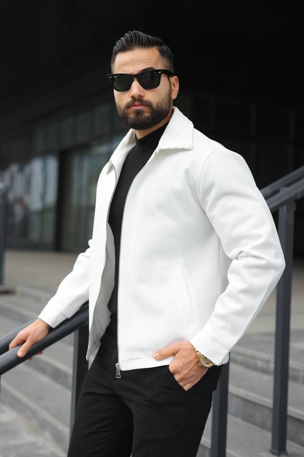 Self-Striped Jacket with Velvet Detailing on the Collar