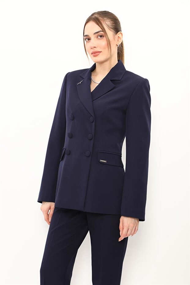 Buttoned Classic Blazer Jacket-Navy Blue - 1181100
