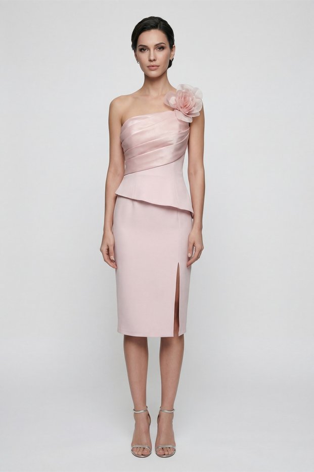 Women's Powder Floral Detailed Midi Promise Engagement Wedding Evening Dress
