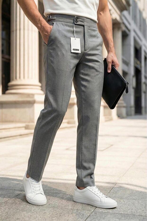 Gurkha Style Side Adjustable Metal Buckle Slim Fit Men's Suit Trousers Special Cut Double-Breasted Waist