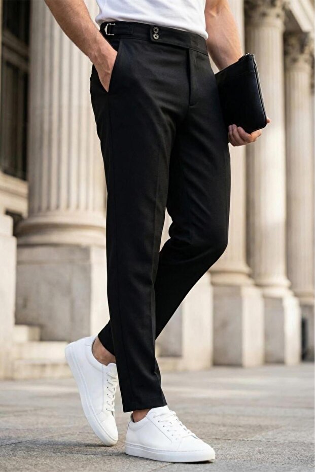 Gurkha Style Side Adjustable Metal Buckle Slim Fit Men's Suit Trousers Special Cut Double-Breasted Waist