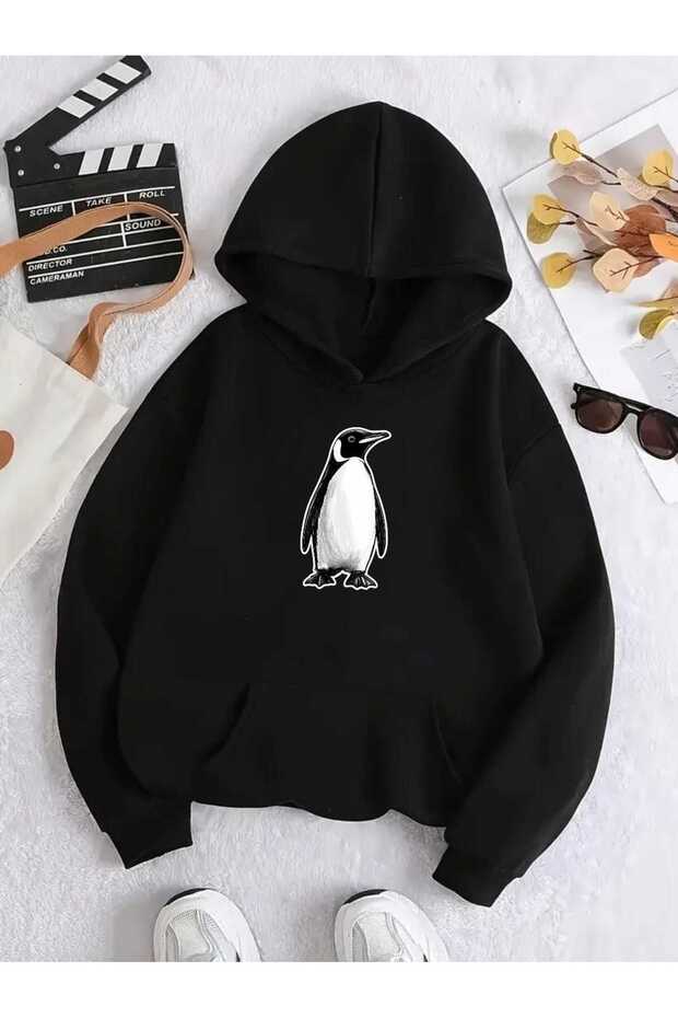 Unisex Lone Penguen Fashionable Print Design Trendy Oversize Hooded Sweatshirt