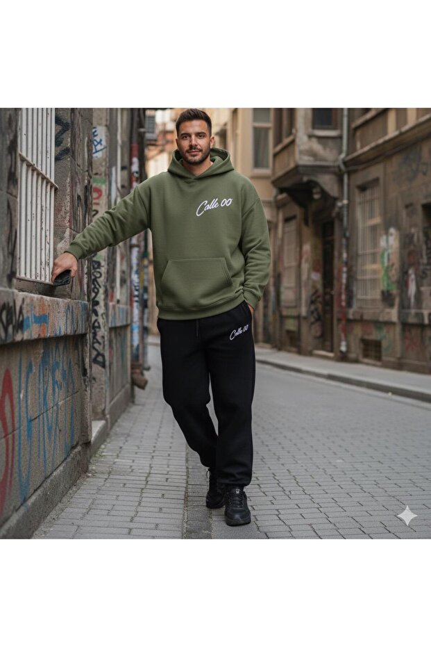 Calle 00 Men's 3 Thread Threaded Oversize Hoodie Tracksuit Set