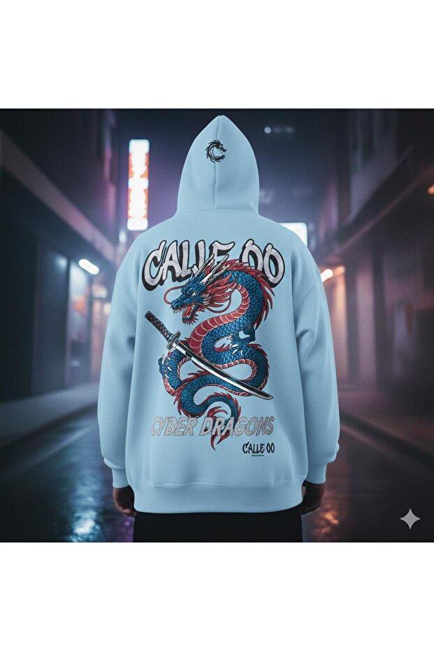 Calle 00 Unisex Cyber Dragons Dragon Printed 3 Threaded Threaded Oversize Hoodie