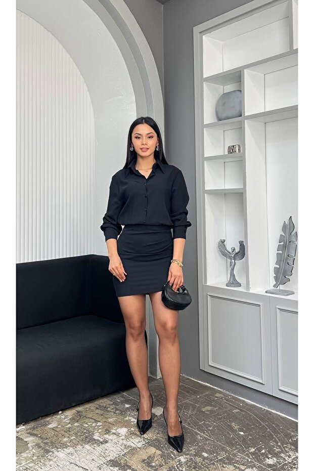 Shirt Collar Buttoned Skirt Draped Dress