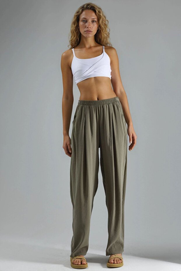 BUSEM Geniş Paçalı Pileli Pantolon - 5