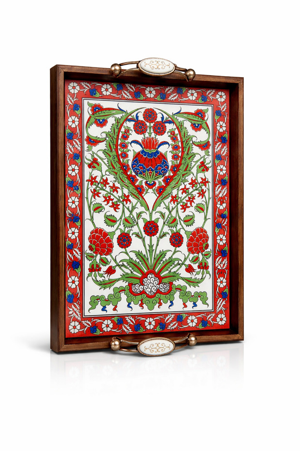 Handmade Kütahya Tile Patterned Wooden Tray 42x27 cm | Domestic Production Decorative & Serving Tray