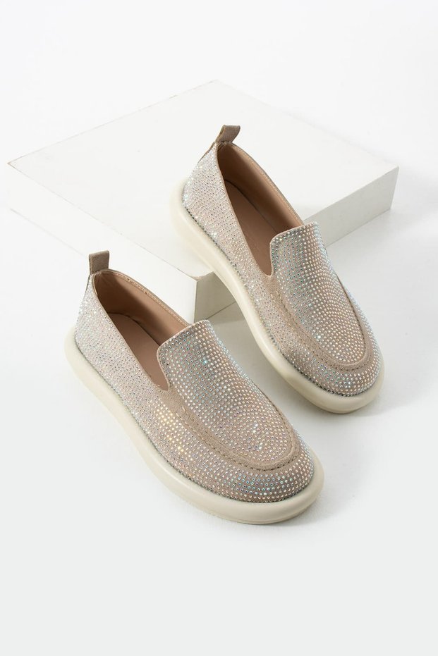 Women's Stone Loafer Shoes - Comfortable Sole with Crystal Stone Detail Casual Shoes Lars
