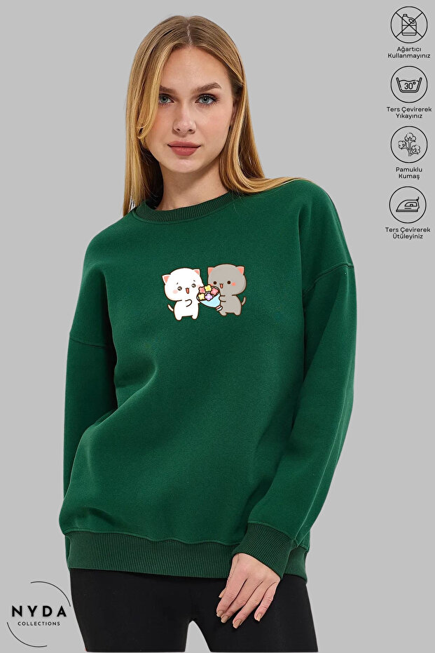 Unisex Bubu Dudu Printed Crew Neck Hoodless Oversized 100% Cotton Combed Cotton Sweatshirt