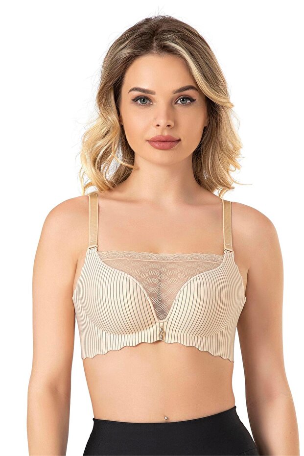 Women's Skin Color Front Lace Detail Hollow Bra