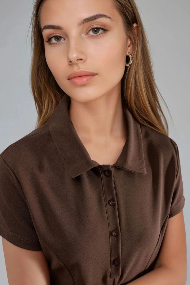 BUSEM Düğmeli Krep Gömlek Yaka Mini Elbise - 2