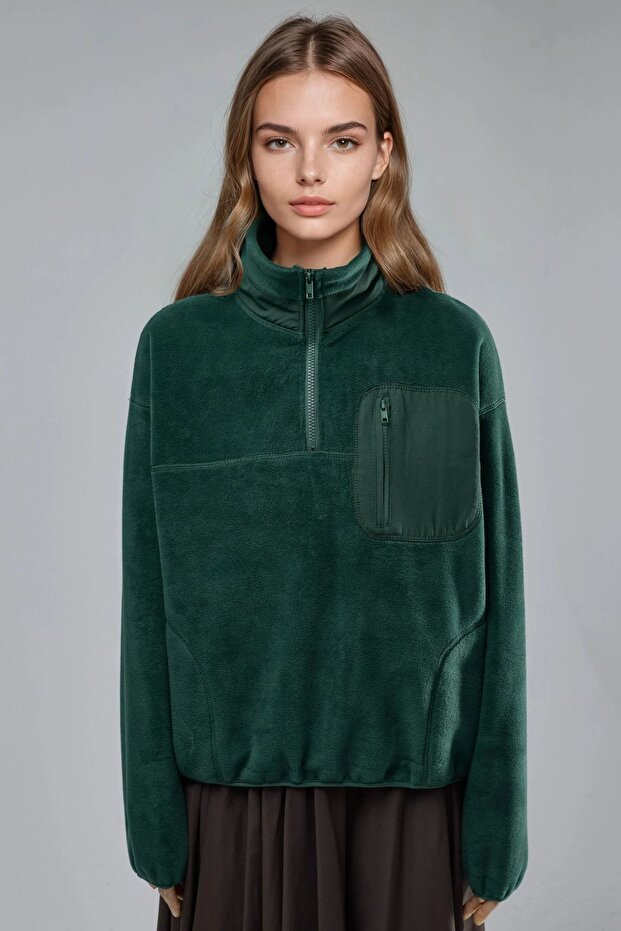 BUSEM Fermuarlı Yakalı Peluş Örme Sweatshirt, Cepli - 8