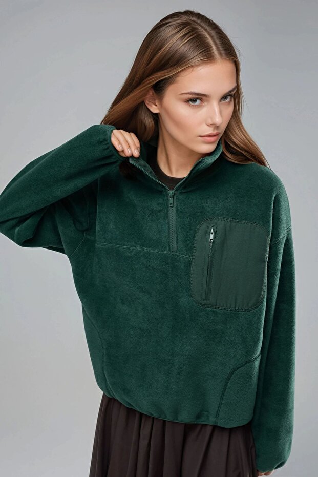 BUSEM Fermuarlı Yakalı Peluş Örme Sweatshirt, Cepli - 1