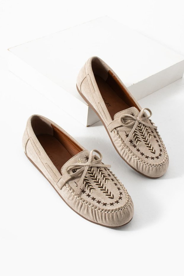 Women's Beige Suede Embroidered Ballerinas Soft Sole Casual Shoes Raven