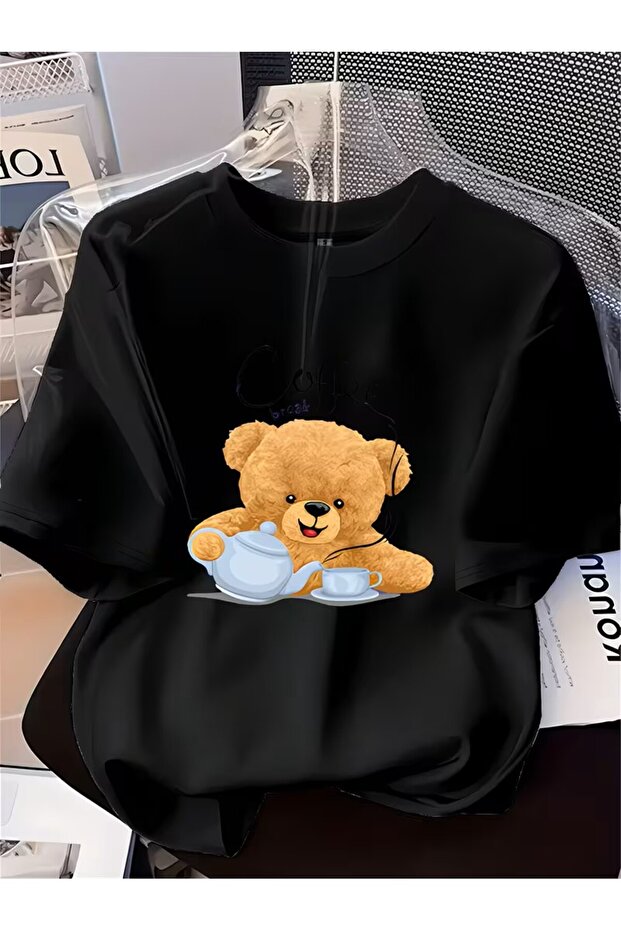 Coffee Bear T-Shirt for Women - Featuring Cute Teddy Bear and Cup Print,