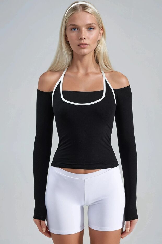 BUSEM Kontrast Biye Detaylı Örme Bluz - 7