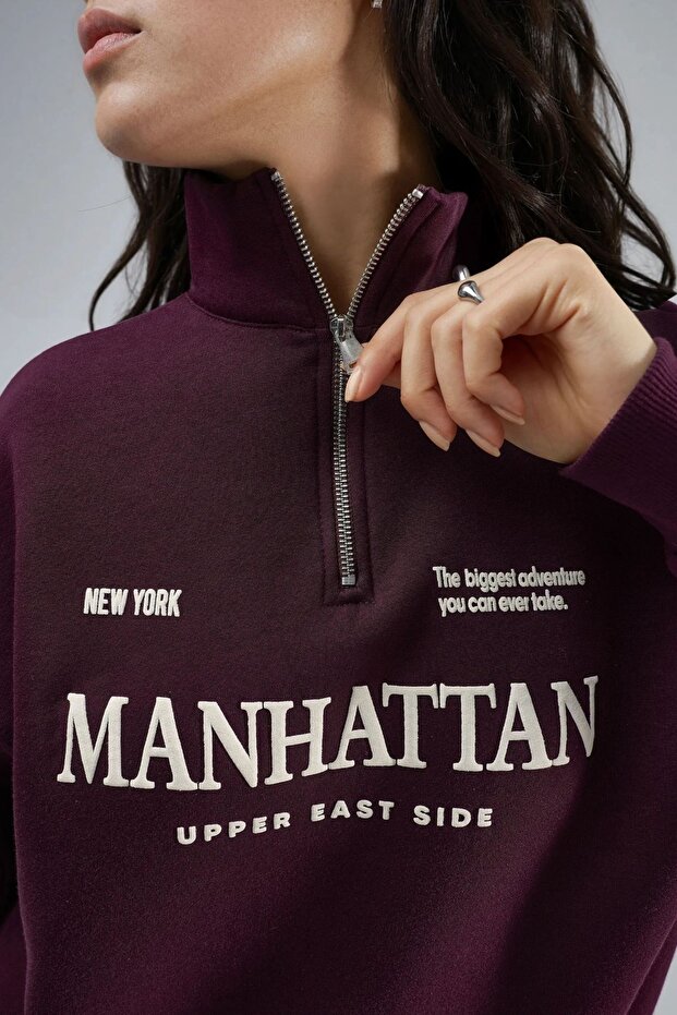 BUSEM Oversized Baskılı Fermuarlı Yaka Sweatshirt - 6