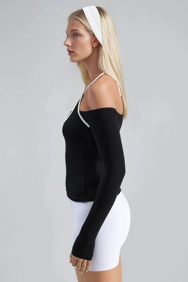 BUSEM Kontrast Biye Detaylı Örme Bluz - 3