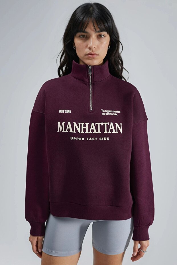 BUSEM Oversized Baskılı Fermuarlı Yaka Sweatshirt - 7