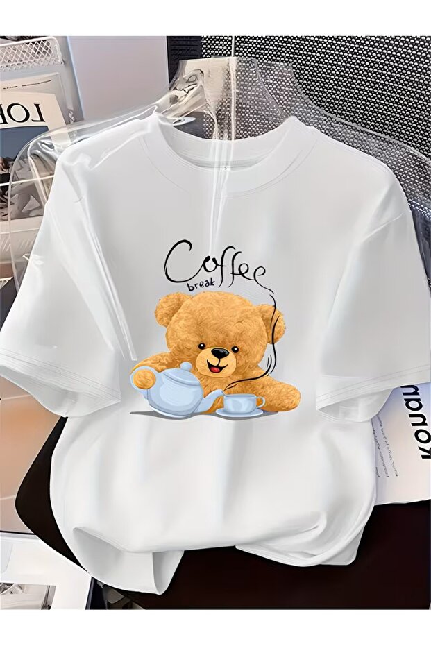 Coffee Bear T-Shirt for Women - Featuring Cute Teddy Bear and Cup Print,