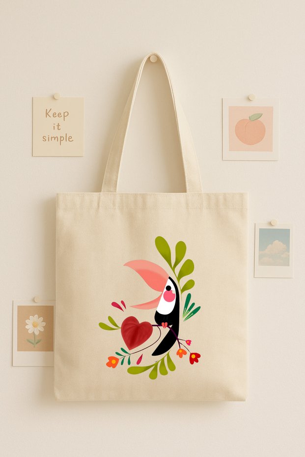 Hearted Toucan Printed Cloth Bag – Colorful Tropical Tote Bag