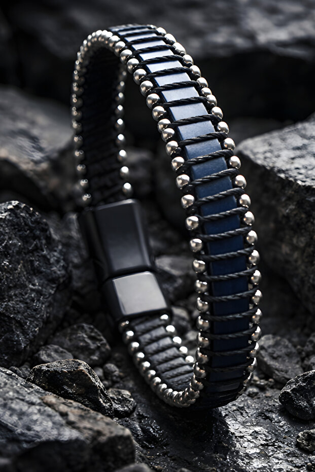 Leather Men's Hematite Bracelet Handmade Navy Blue Color