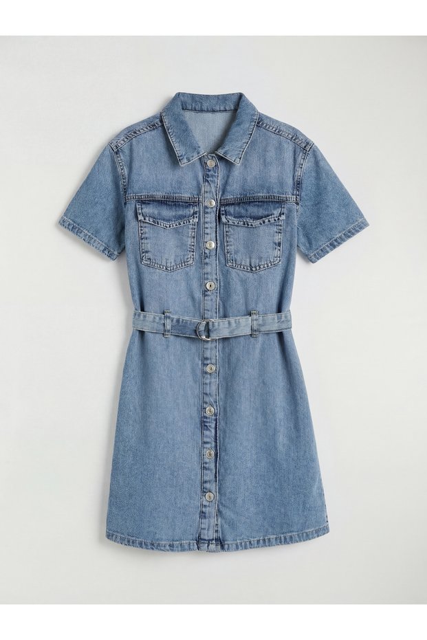 Original Shirt Collar Short Sleeve Girls' Jean Dress