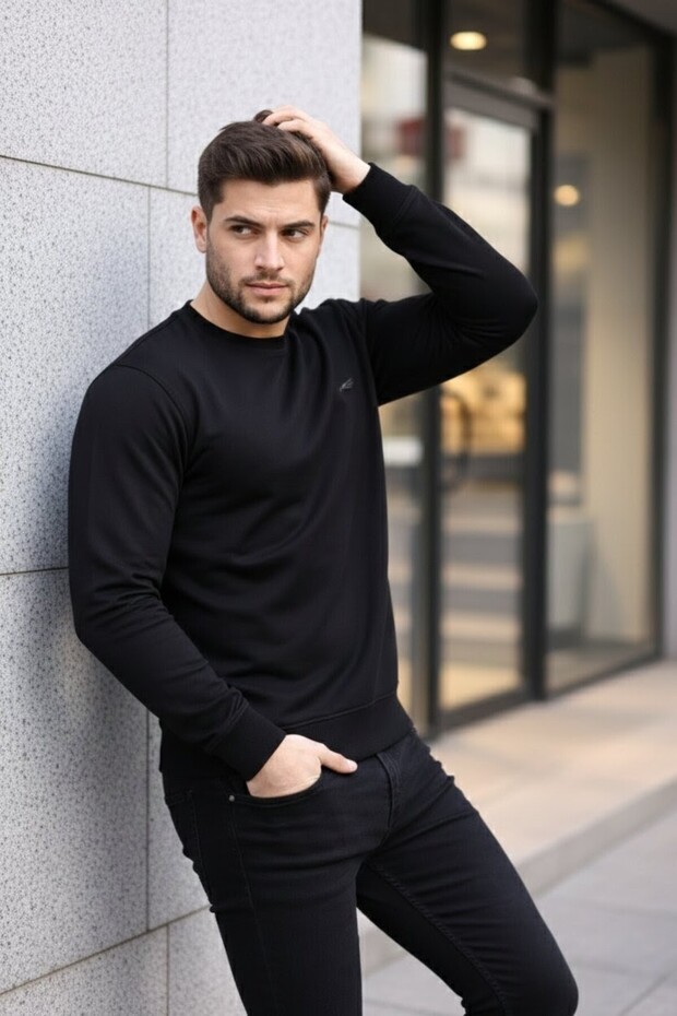 Bisiklet yaka Basic Likralı Erkek Sweatshirt - 4