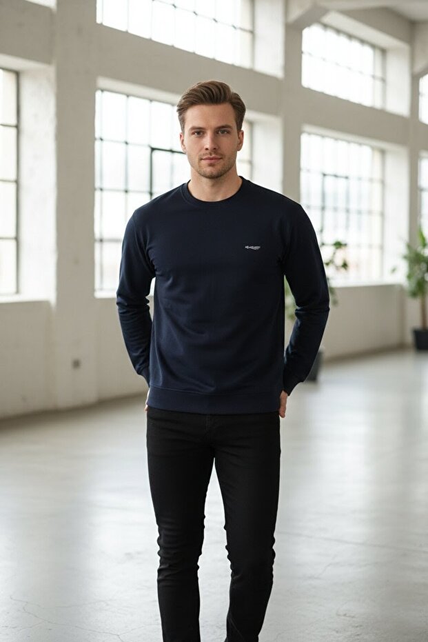 Bisiklet yaka Basic Likralı Erkek Sweatshirt - 3