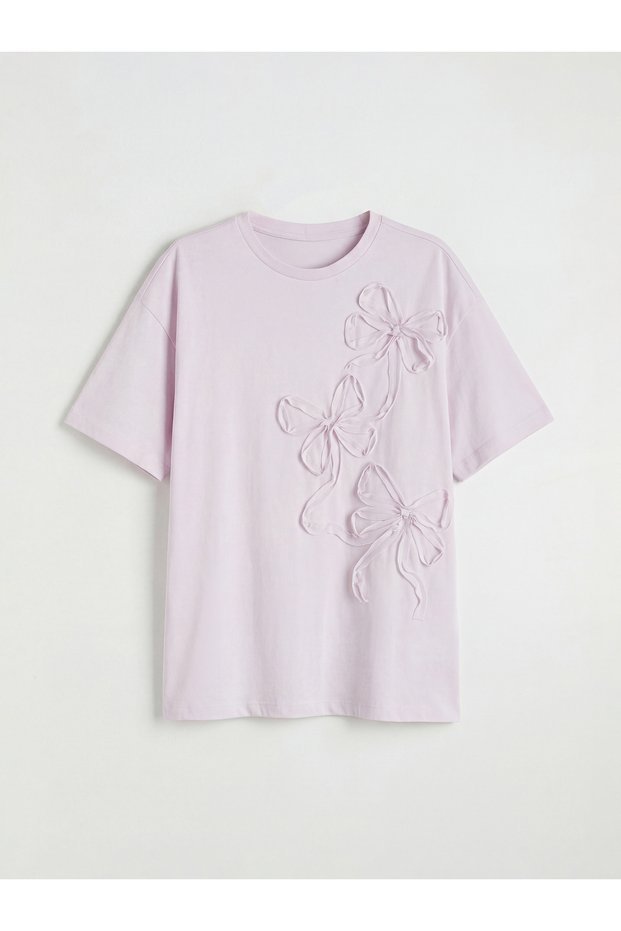 Lilac Crew Neck T-Shirt with Bow Embroidery for Girls