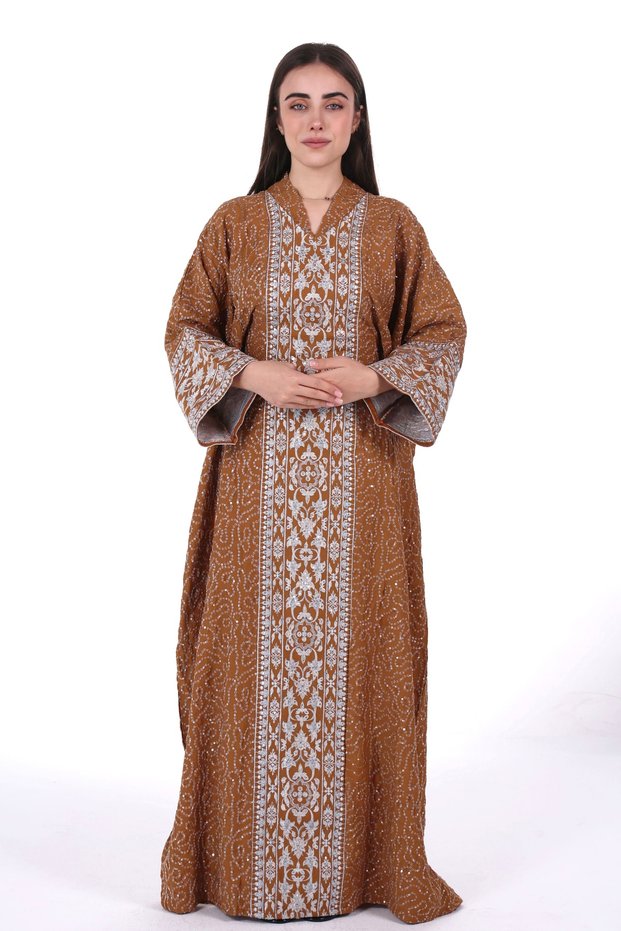 Women's wide embroidered linen jalabiya dress with a hidden belt