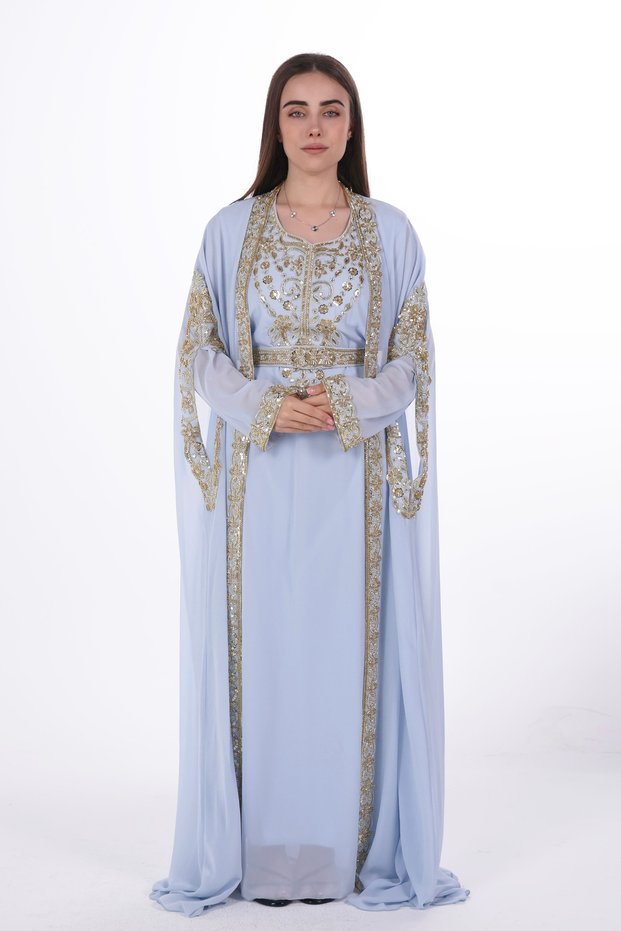 Embroidered kaftan with a belt at the waist, ladies belted kaftan dress