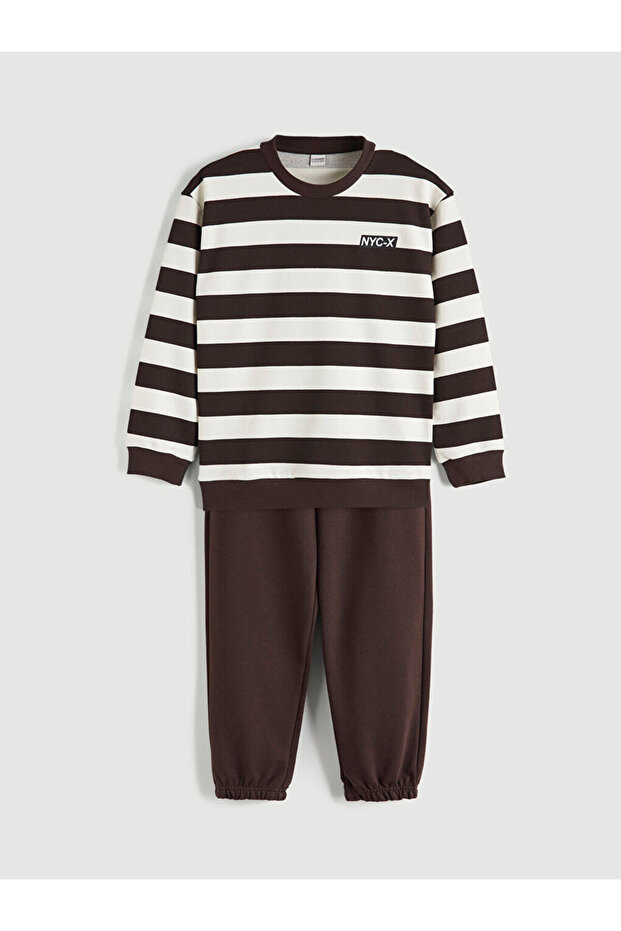 Lcw Kids Brown Crew Neck Nyc Printed Boys' Sweatshirt and Sweatpants