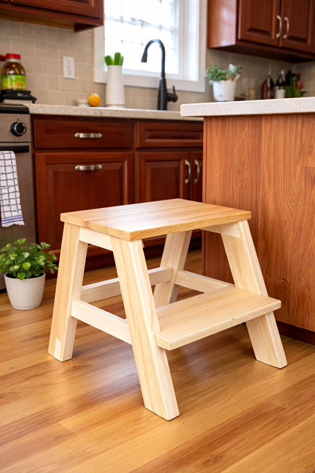 Naturel Ahşap Basamak Tabure – 2 Basamaklı - 1