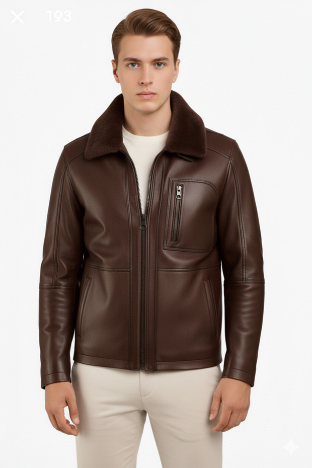 Keşif17 Genuine Leather Coat with Removable Plush Collar