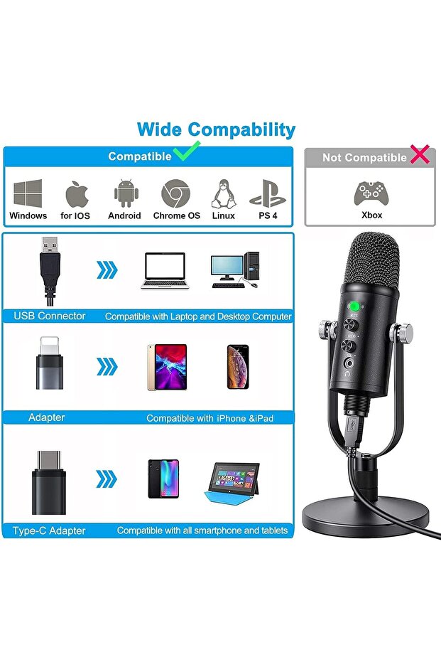 ميكروفون مكثف USB، متوافق مع أجهزة الكمبيوتر الشخصية/أجهزة ماك/بلاي ستيشن 4/آيفون/أندرويد، ميكروفون كمبيوتر مزود بخاصية إلغاء الضوضاء - 7