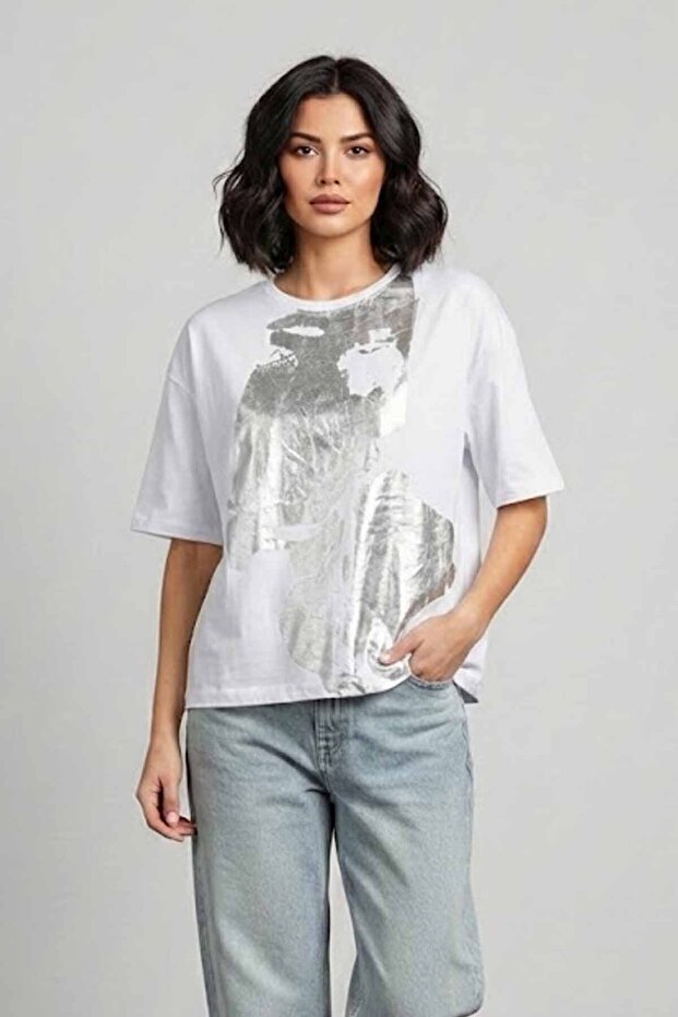 Women's Oversize Metallic Abstract Printed 100% Cotton T-Shirt Vy-Eb11