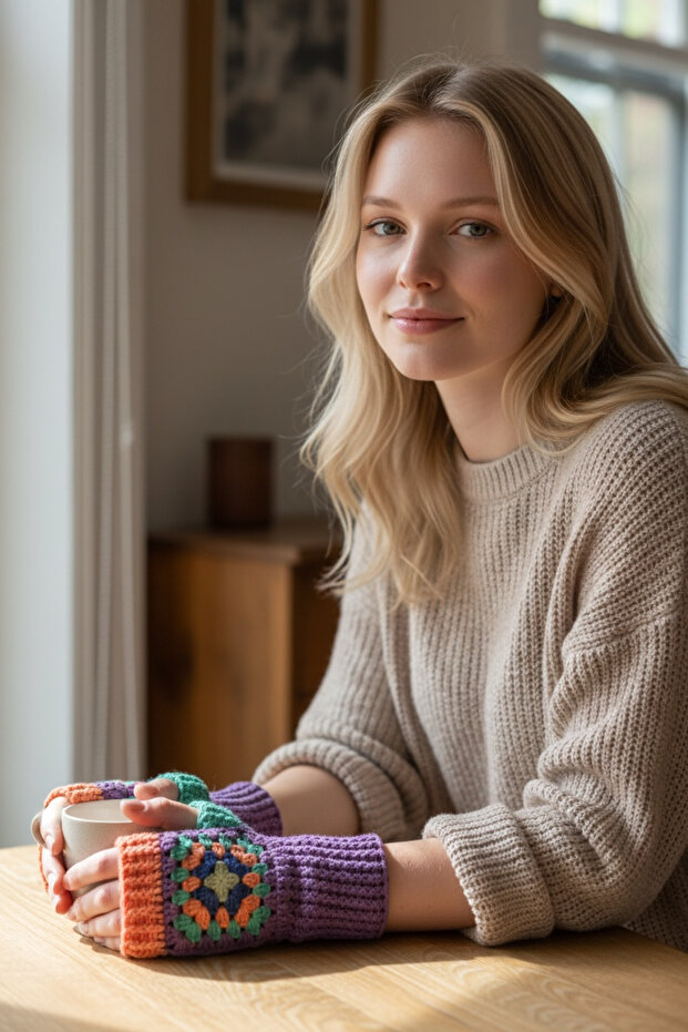 Knitted Motif Bohemian Fingerless Gloves