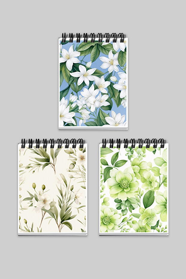 White Floral and Leaf Pattern Botanical Design 3-Piece A6 Notepad Set