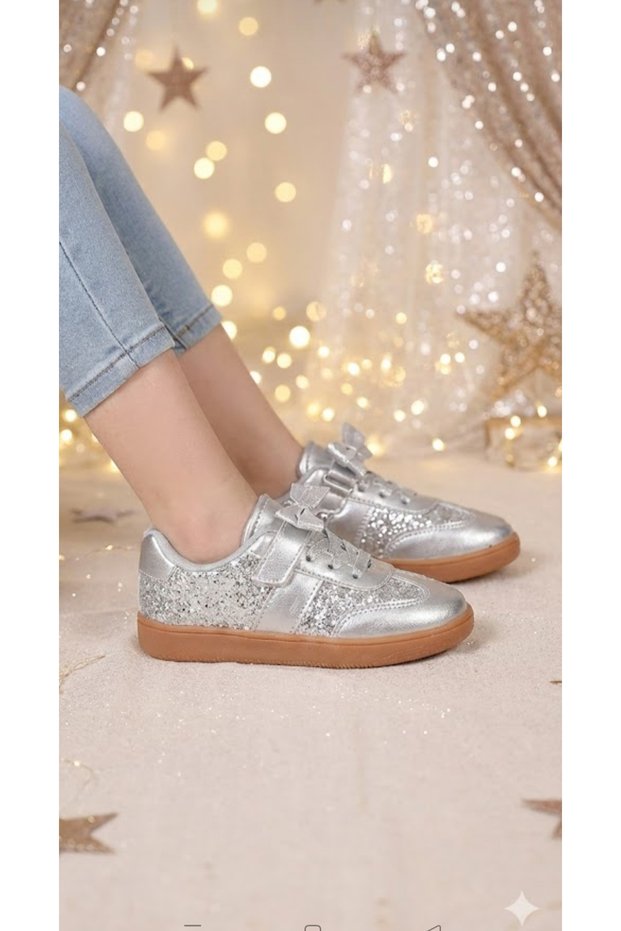 Girl's Silver Glittery Velcro Daily Comfortable Sole Sneaker Sports Shoes