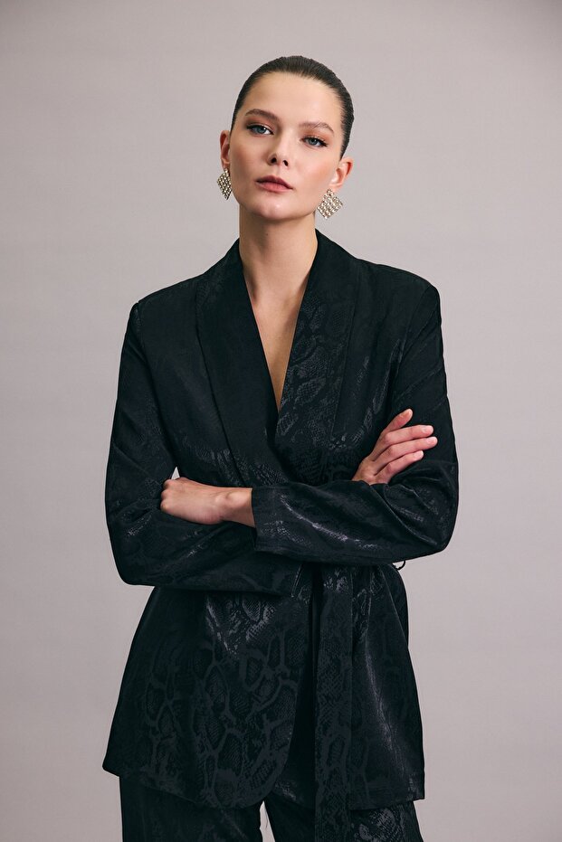 جاكيت طويل بنقشة الثعبان - أسود - 1