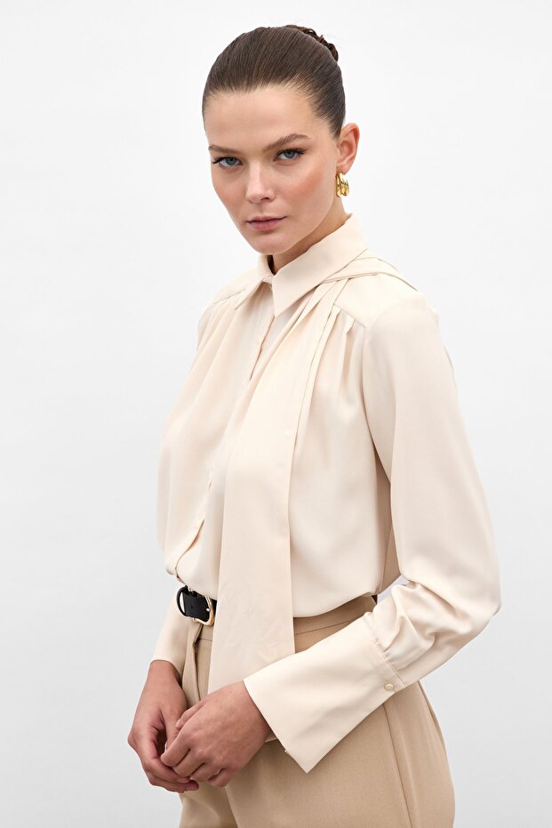 Fularlı Gömlek - Bej - 5