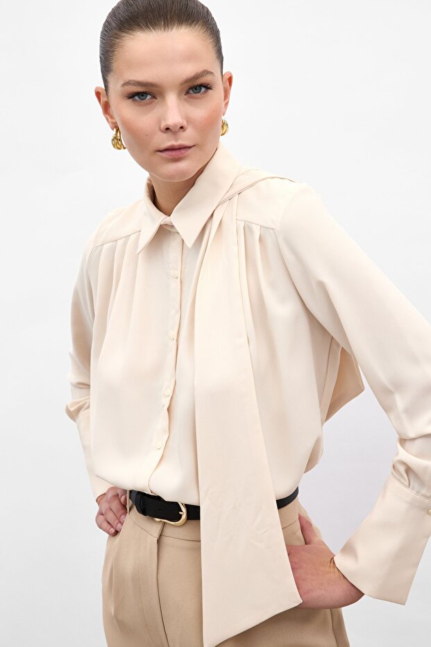 Fularlı Gömlek - Bej - 4