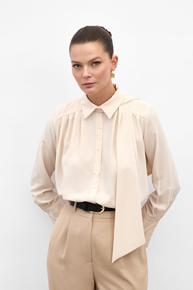 Fularlı Gömlek - Bej - 2