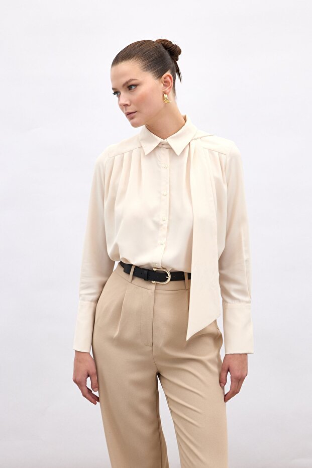 Fularlı Gömlek - Bej - 3