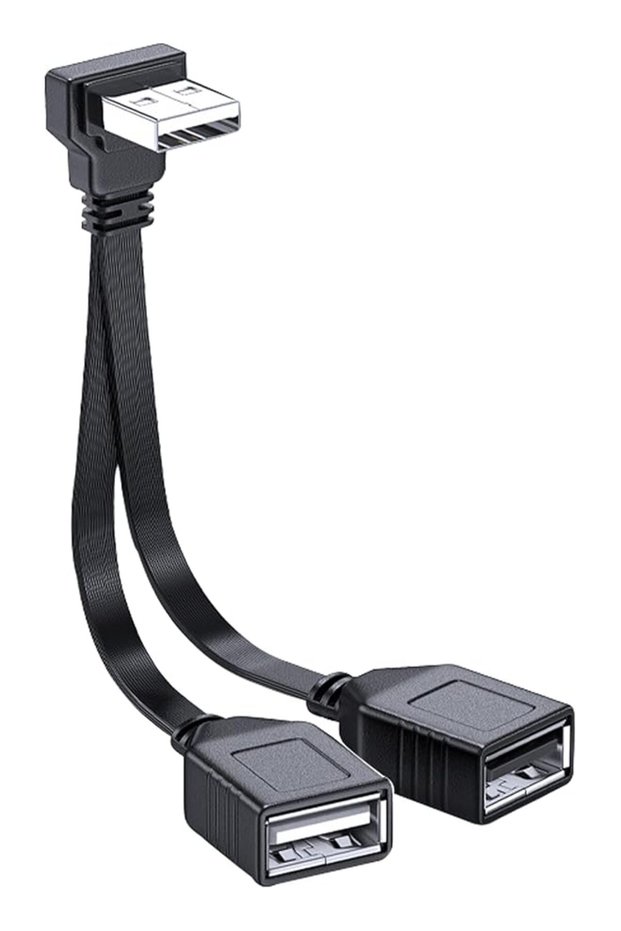 USB 2.0 Splitter Cable, 1 Male to 2 Female Ports, 90 Degree Right Angle Extension Cord, Fast Chargin