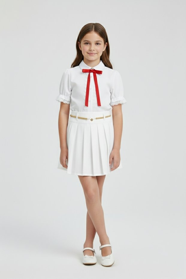 Girl's Red Bowknot White Lace Shirt White Pleated Skirt Set April 23