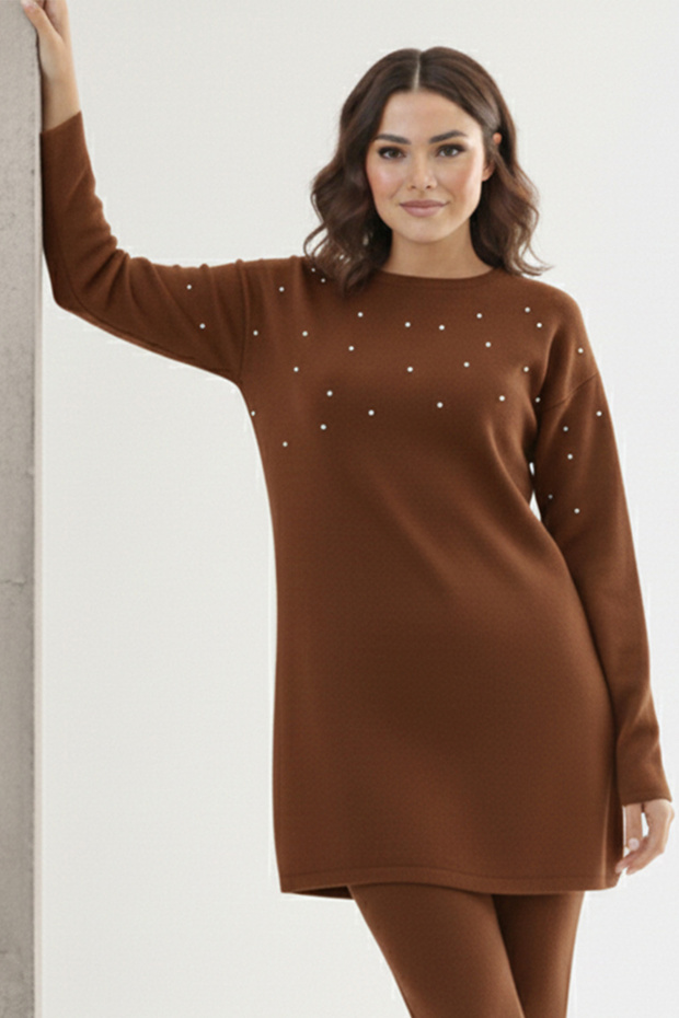 Stone Detailed Knitwear Tunic P6205-1 Brown